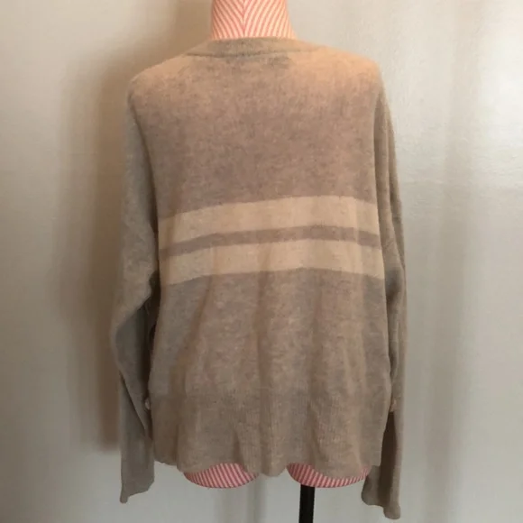 100% Cashmere Cropped Sweater Gray Grey White Stripe Crewneck 360 Cashmere - Picture 3 of 9